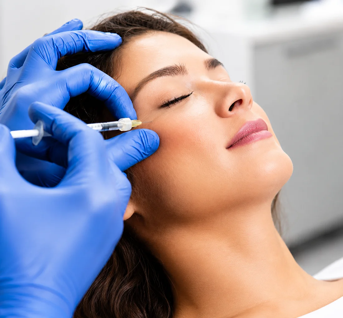 Dermatologist administering a facial filler injection to a patient during a plastic surgery consultation at Reversage