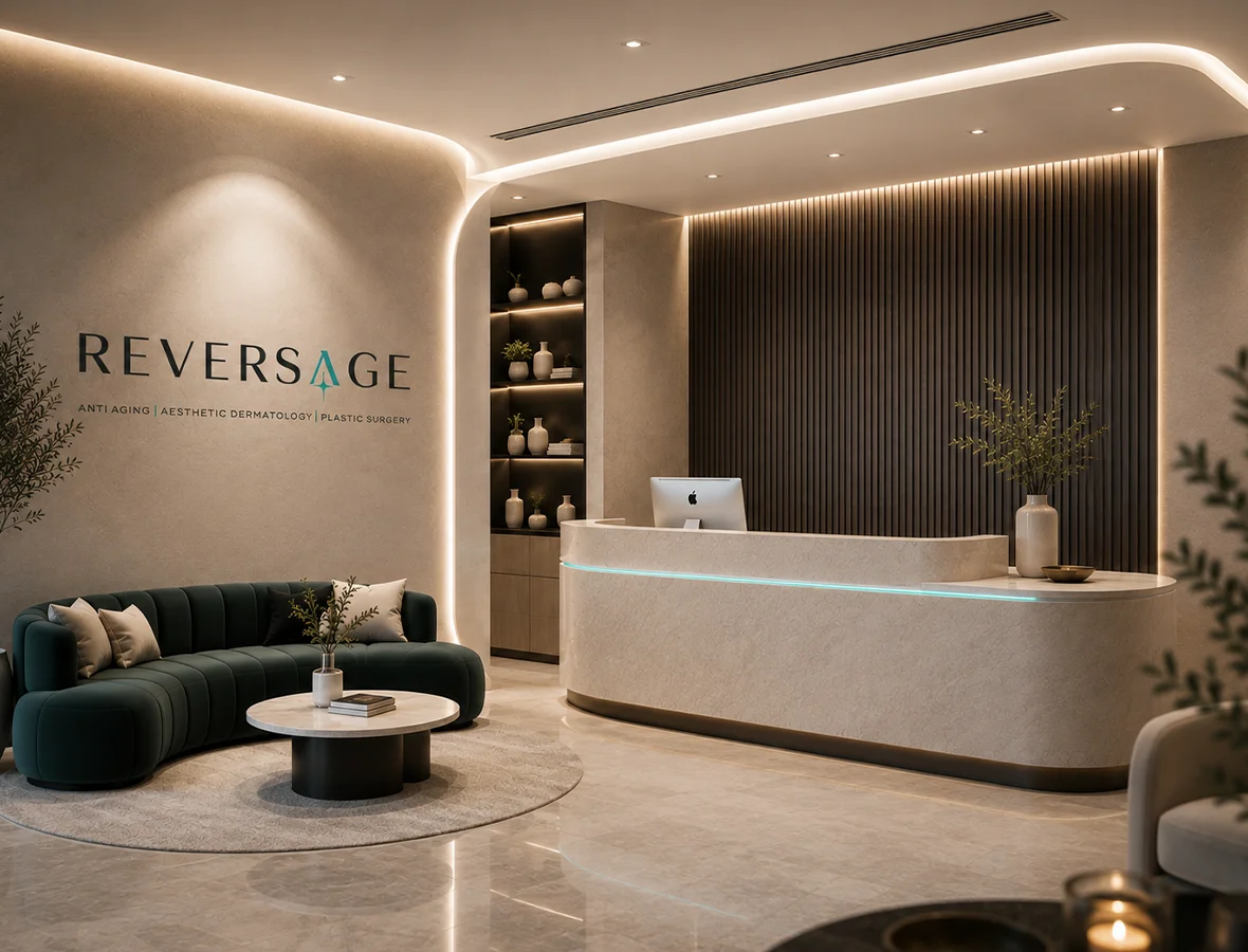 Reversage clinic reception area with branded signage, reflecting the practice's philosophy of subtle changes and considered results
