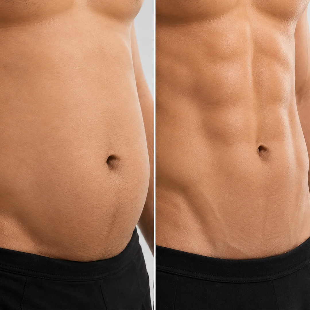 Before and after results of liposuction body contouring at Reversage, showing a smoother, more toned abdomen