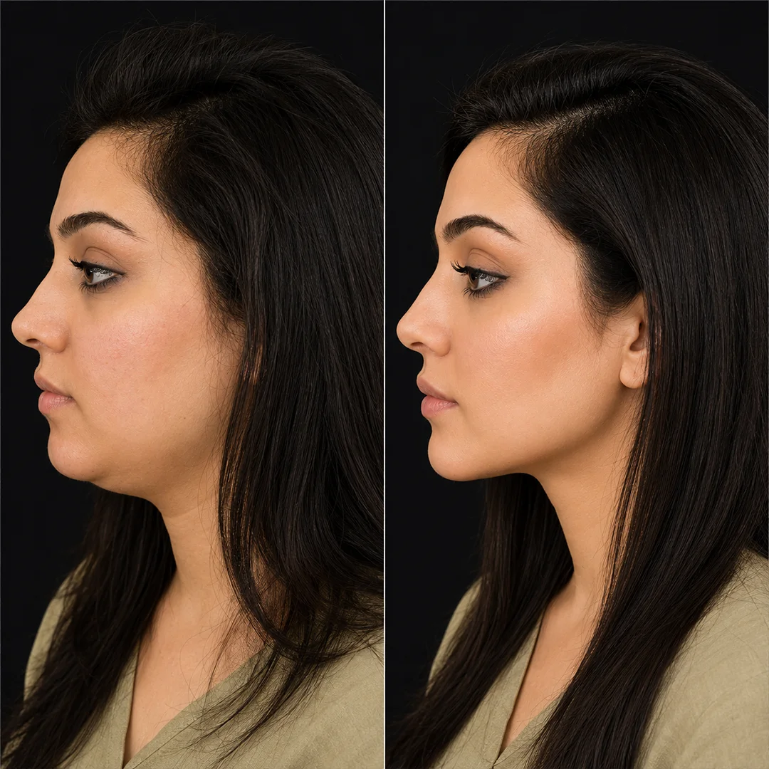 Before and after profile view showing facial contour refinement results from a Reversage plastic surgery procedure