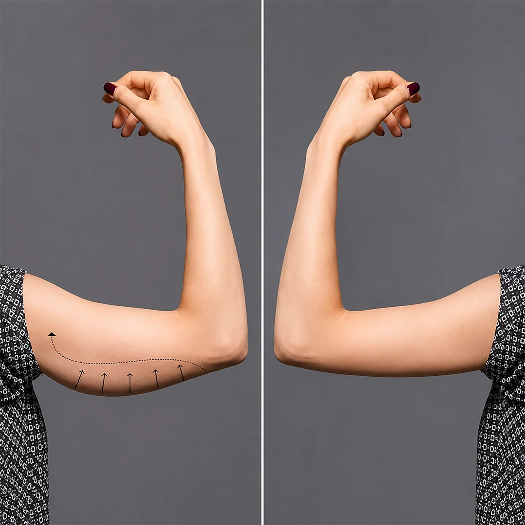 Before and after arm lift surgery results at Reversage, showing reduced excess skin and a more toned upper arm