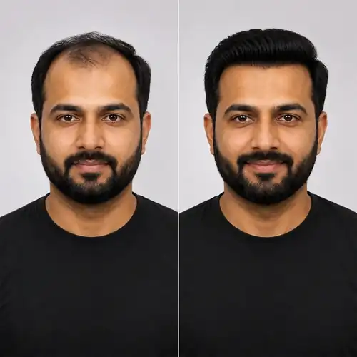 Before and after results of a hair transplant procedure at Reversage Clinic