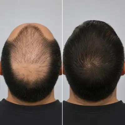 Before and after results of a hair transplant procedure showing back of head at Reversage Clinic
