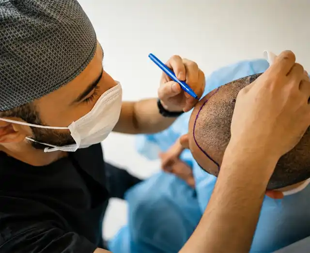 Surgeon marking the hairline before a hair transplant procedure at Reversage Clinic
