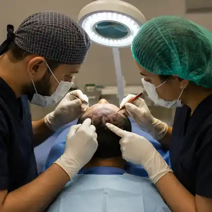 Surgical team performing a hair transplant procedure at Reversage Clinic